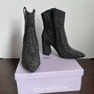 Alias Women's Rhinestone Black Denim BLING Western Block Heel BLING Boots 7.5